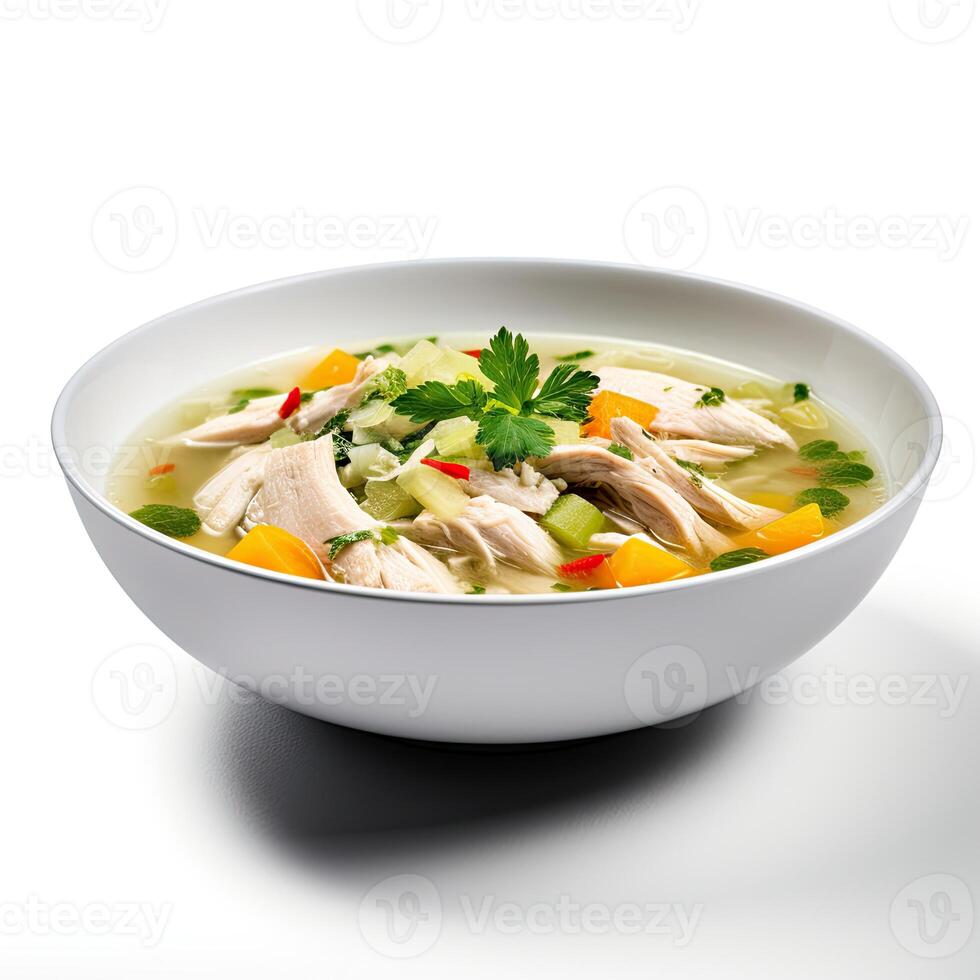 AI generated Chicken soup with vegetables closeup photo