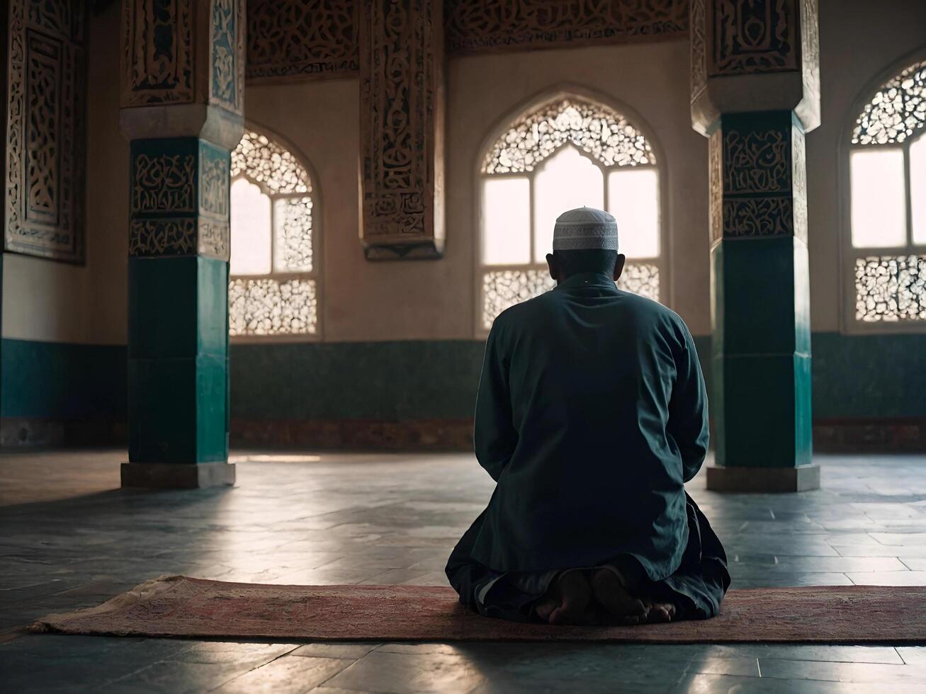 ai generado un vista trasera de musulmán hombre Orando en un mezquita. generativo ai foto