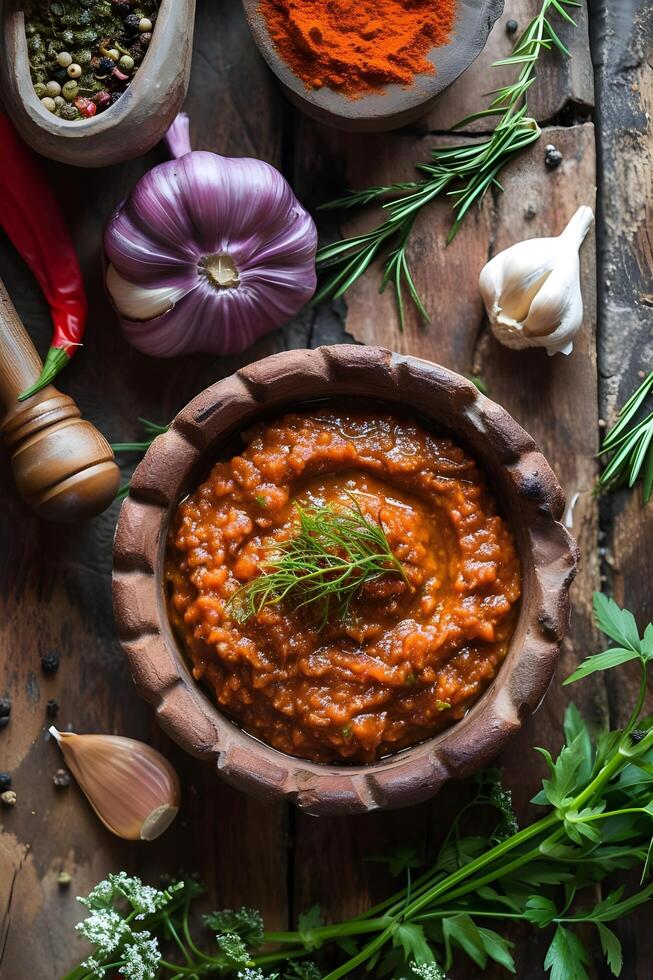 ai generado Español encanto romesco salsa en gente modelo antecedentes foto