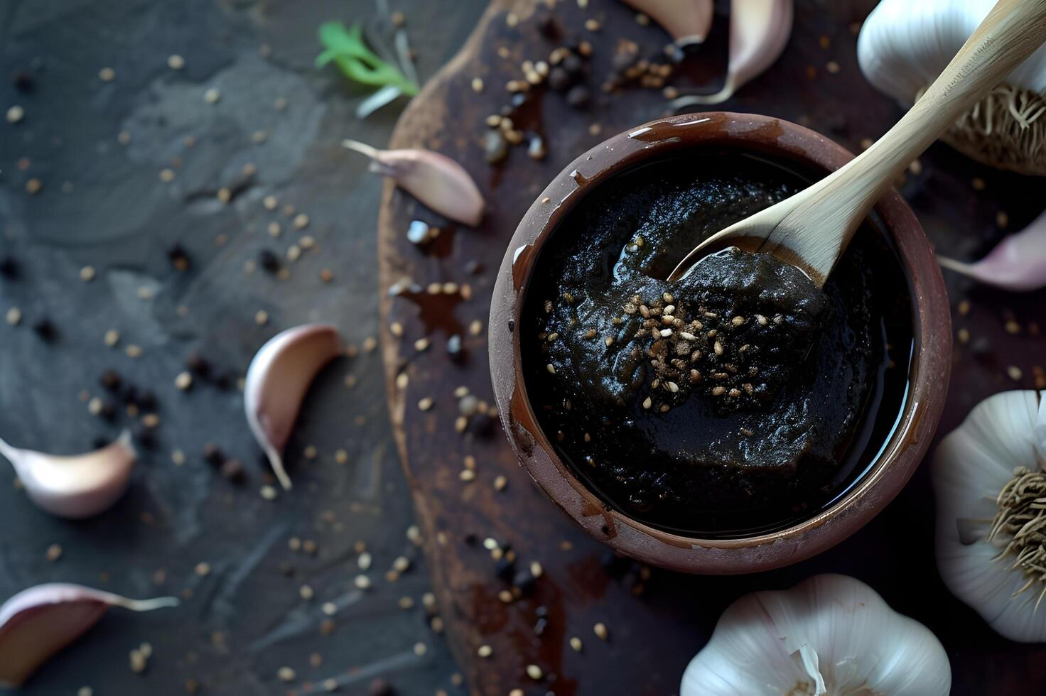 AI generated Umami Elegance Fermented Black Garlic Paste Culinary Portrait photo