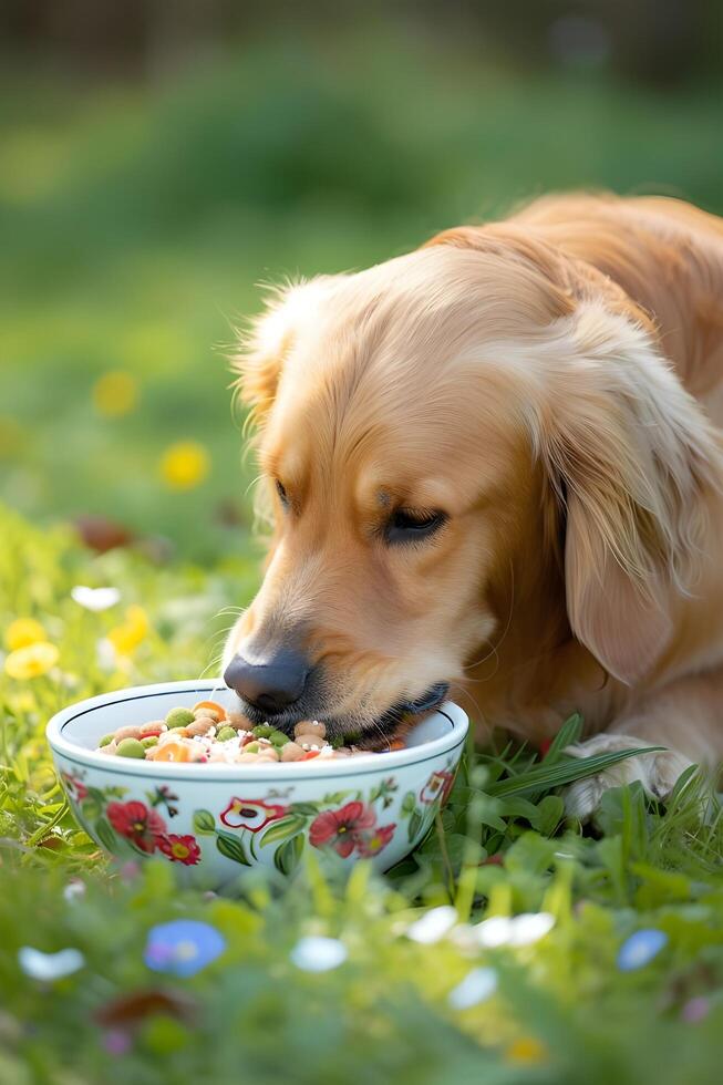 ai generado perros deleite en un primavera banquete foto