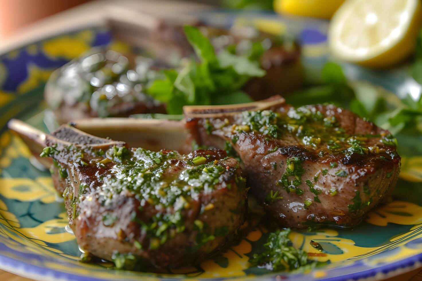 AI generated Savory Elegance Herb-Crusted Lamb Chops with Mint Chimichurri photo