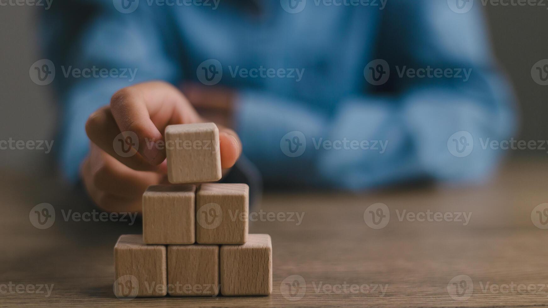 Blank wooden cubes on the table with copy space, empty wooden cubes for input wording, and an infographic icon. photo