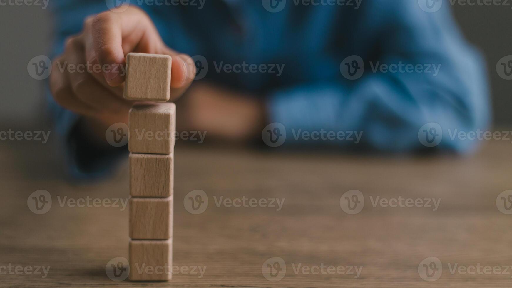 Blank wooden cubes on the table with copy space, empty wooden cubes for input wording, and an infographic icon. photo