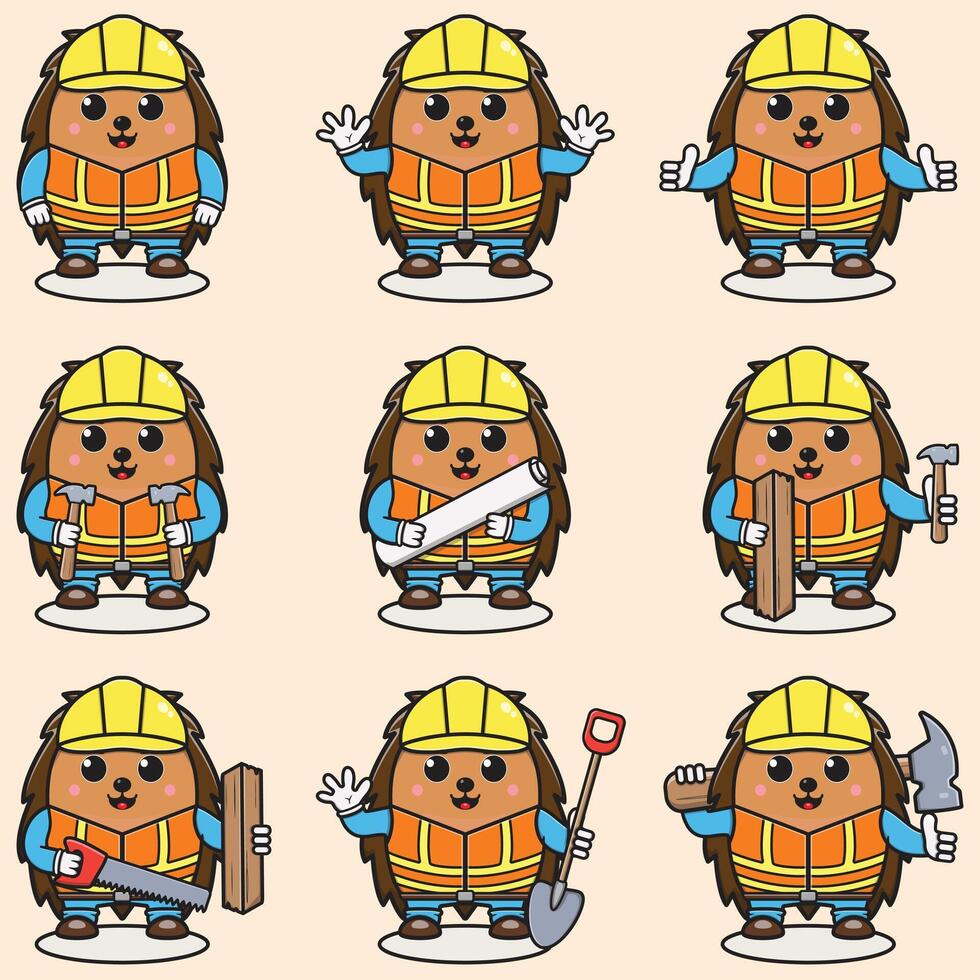 Cute Hedgehog Construction Contractor Illustration. Vector illustration of a cute building foreman Hedgehog . Cute Hedgehog construction worker cartoon. Flat Cartoon Style.