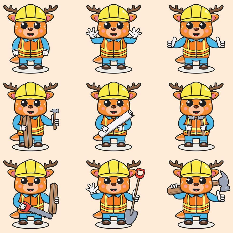 Cute Deer Construction Contractor Illustration. Vector illustration of a cute building foreman Deer . Cute Deer construction worker cartoon. Flat Cartoon Style.