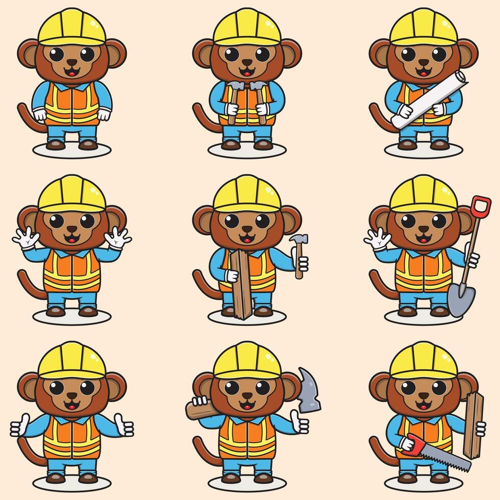 Cute Monkey Construction Contractor Illustration. Monkey illustration of a cute building foreman Monkey. Cute Monkey construction worker cartoon. Flat Cartoon Style. vector