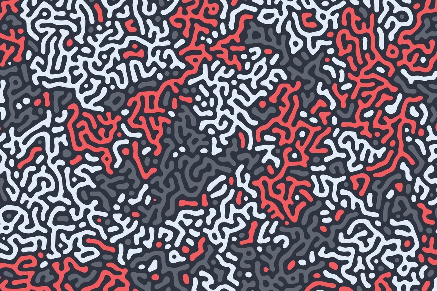 Modern and random assortment of rounded maze-like structures, in a trendy Memphis-style vector illustration with a retro flair, creating an irregular and organic pattern