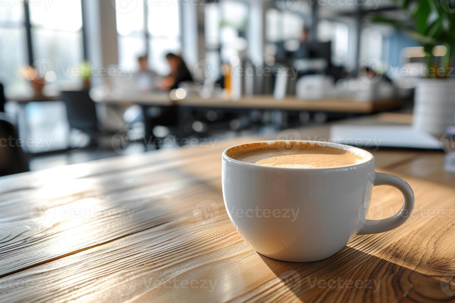 ai generado taza de café en el mesa en el oficina en el antecedentes con oficina trabajadores foto