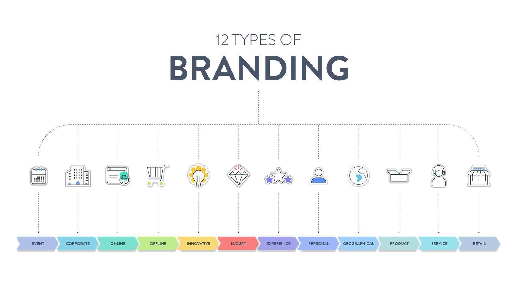 12 tipos de marca estrategias infografía diagrama bandera con icono vector para presentación diapositiva modelo tiene personal, producto, servicio, minorista, corporativo, en línea, innovador, experiencia y etc.