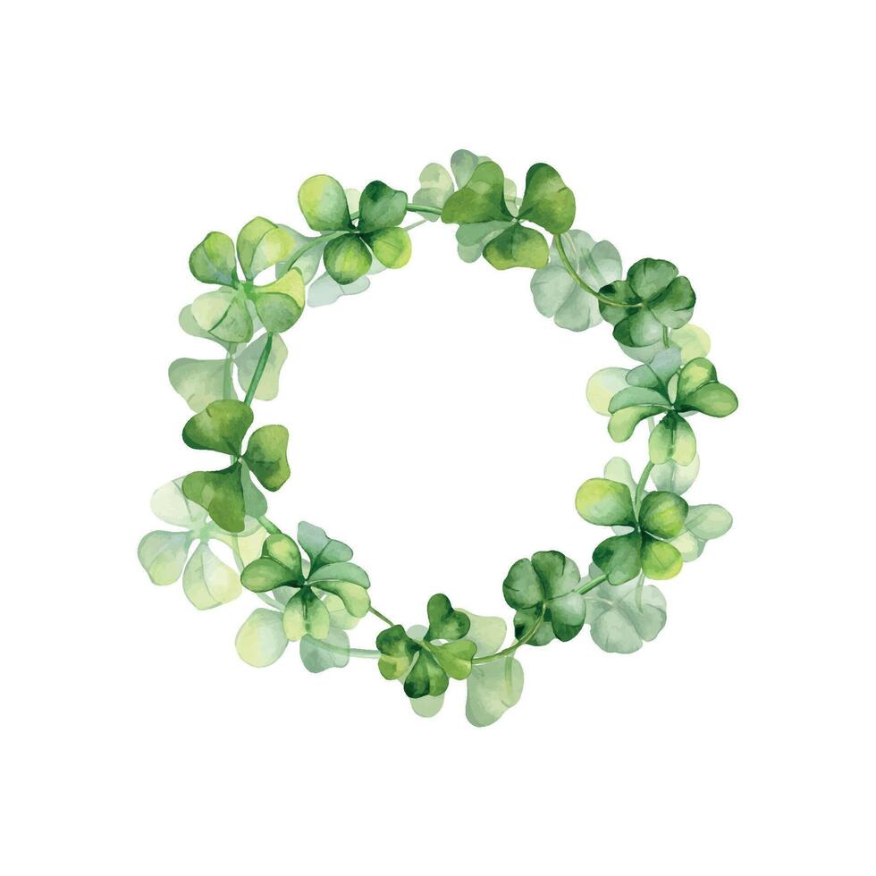 Circle frame with shamrock and clover watercolor illustration isolated on white background. Painted green four leaves. Hand drawn Irish symbol. Design element for St.Patricks day postcard, package vector