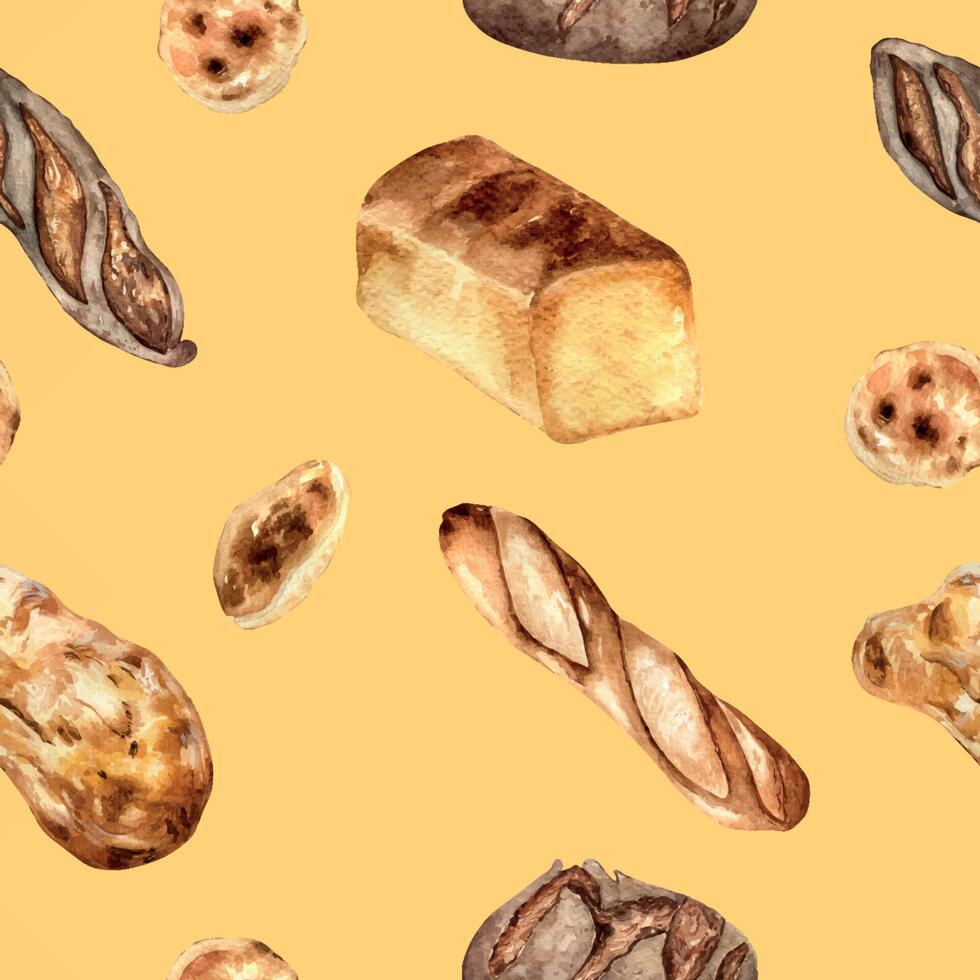 Variety bread watercolor seamless pattern isolated on beige. Hand drawn rye bread, loaf for bakery. Painted pitta, ciabatta. Illustration of baguette. Element for design bakeshop, package, trade vector