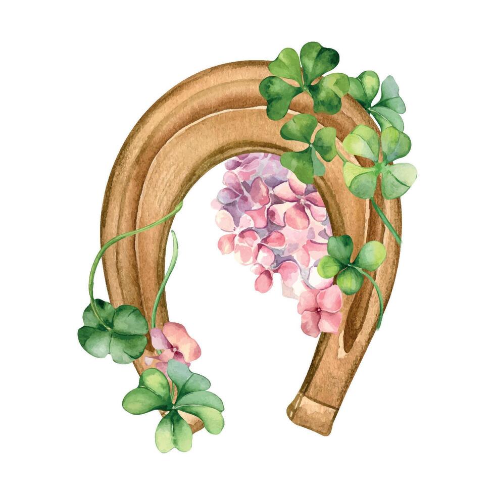 Horseshoe and clover with spring flowers watercolor illustration isolated on white. Painted shamrock, pink hydrangea. Irish lucky symbol hand drawn. Design for St Patrick day, Easter, springtime card. vector