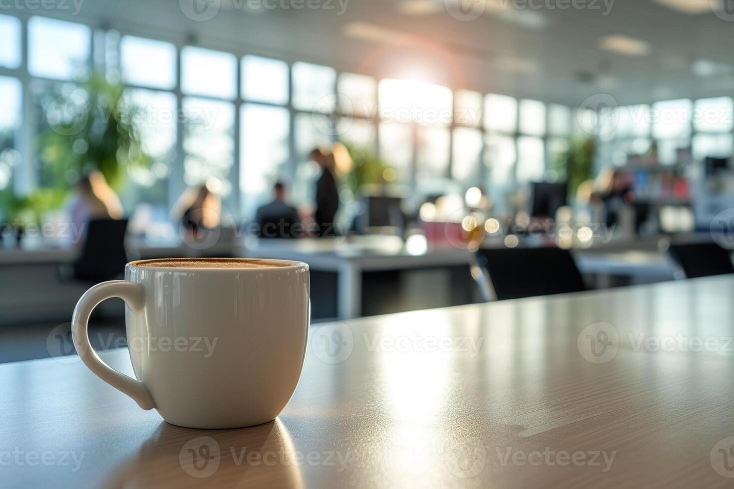 ai generado taza de café en el mesa en el oficina en el antecedentes con oficina trabajadores foto