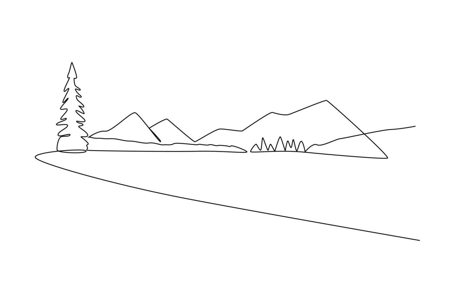 One continuous line drawing of Landscape with green grass, trees, sky horizon and Mountains. Nature concept. Doodle vector illustration in simple linear style.