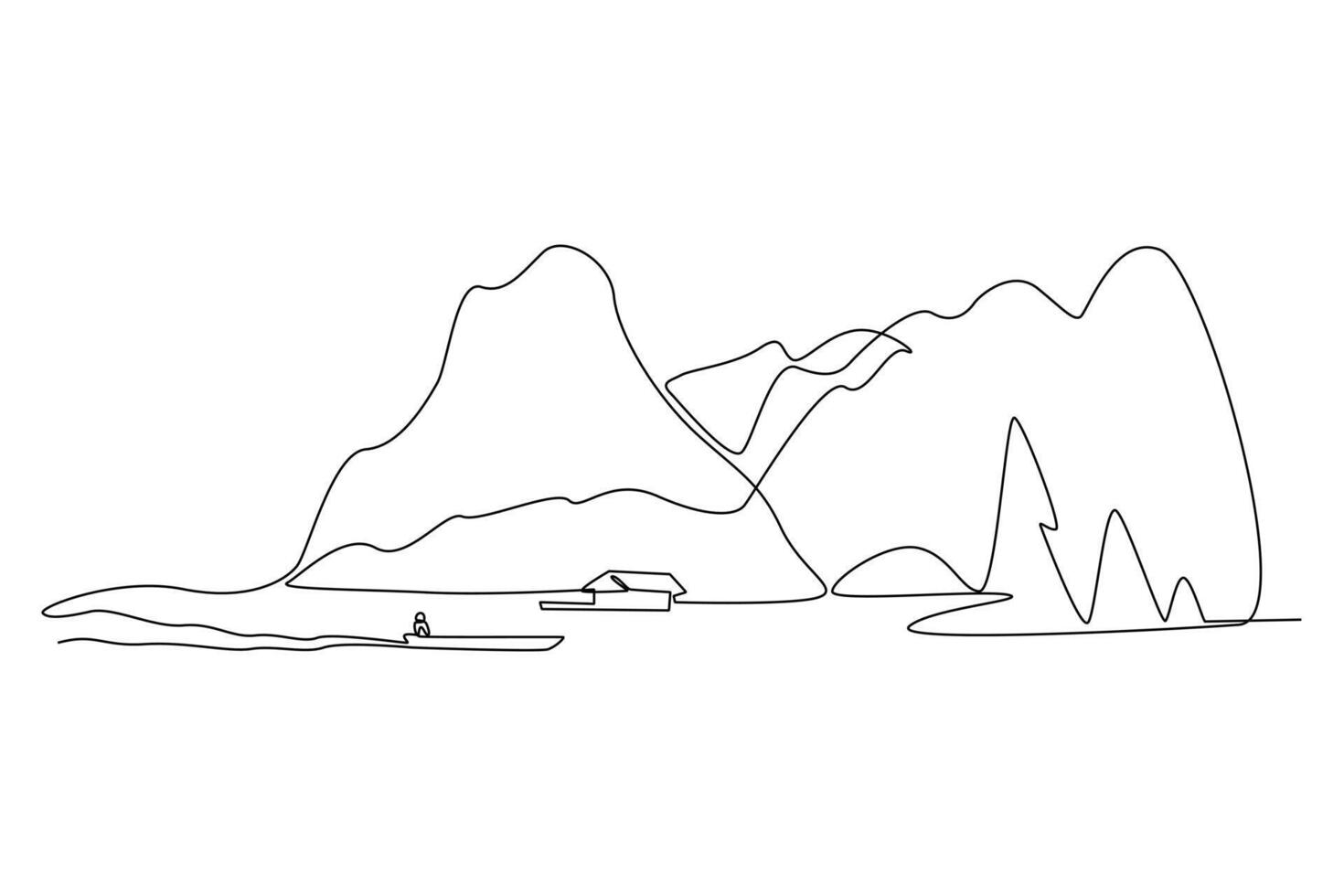 One continuous line drawing of Landscape with green grass, trees, sky horizon and Mountains. Nature concept. Doodle vector illustration in simple linear style.