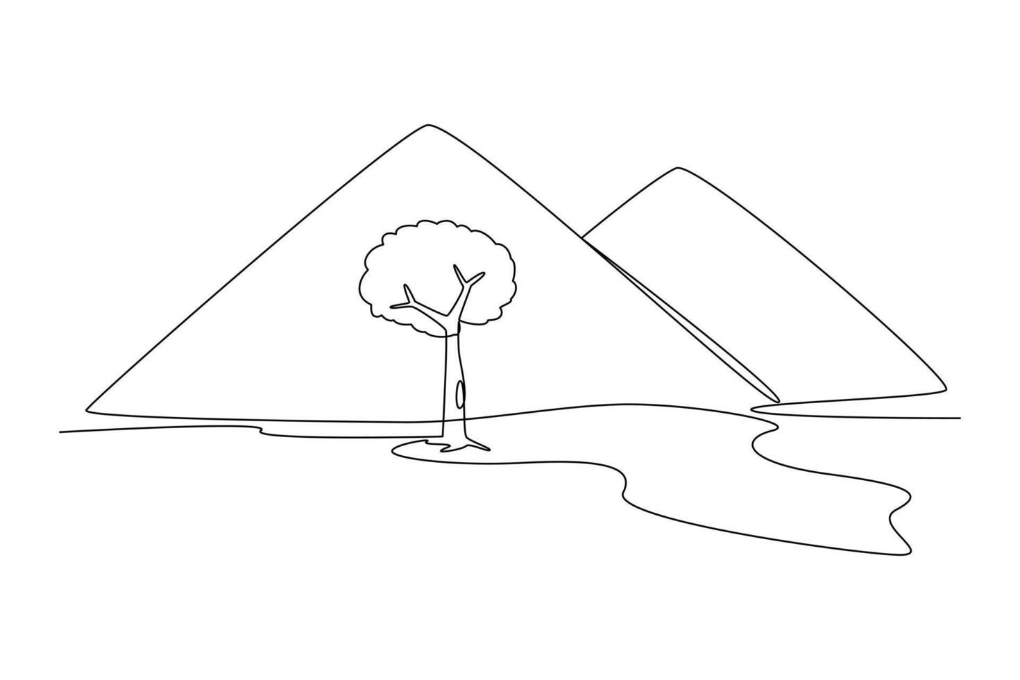 uno continuo línea dibujo de paisaje con verde césped, árboles, cielo horizonte y montañas. naturaleza concepto. garabatear vector ilustración en sencillo lineal estilo.