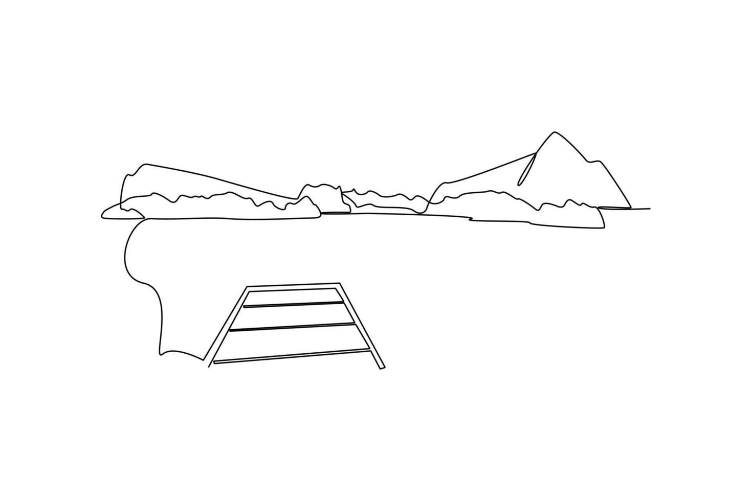 One continuous line drawing of Landscape with green grass, trees, sky horizon and Mountains. Nature concept. Doodle vector illustration in simple linear style.