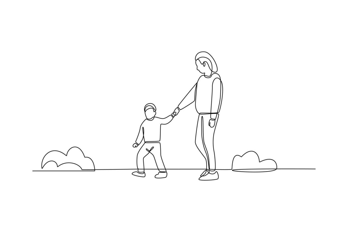 One continuous line drawing of People walking, playing, riding bicycle at city park. Activities outdoors concept. Doodle vector illustration in simple linear style.
