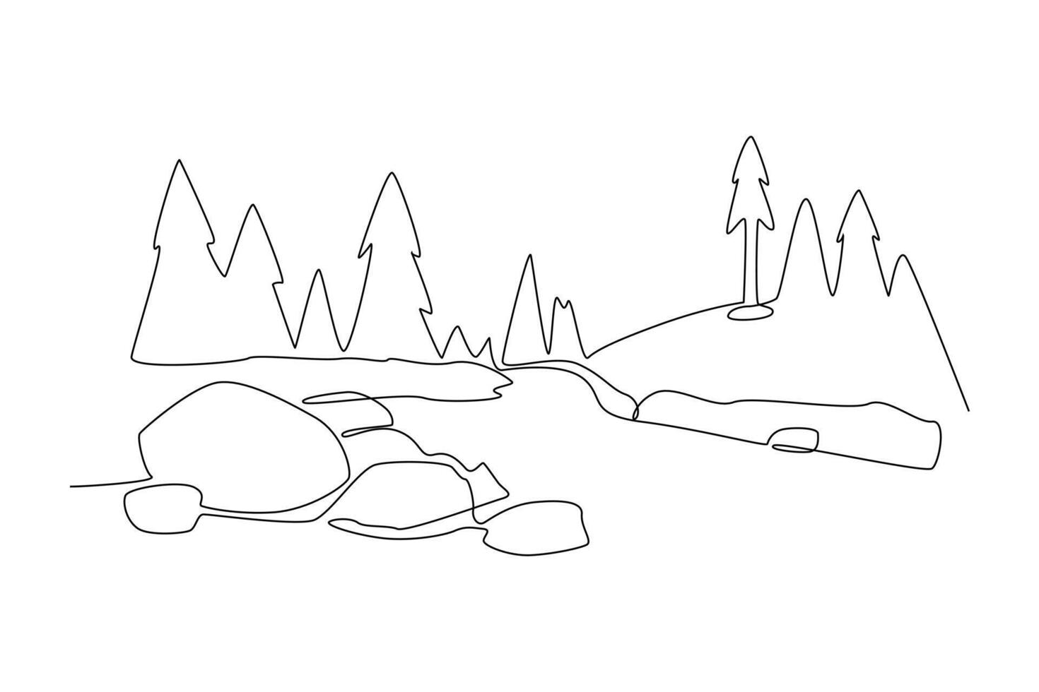 One continuous line drawing of Landscape with green grass, trees, sky horizon and Mountains. Nature concept. Doodle vector illustration in simple linear style.