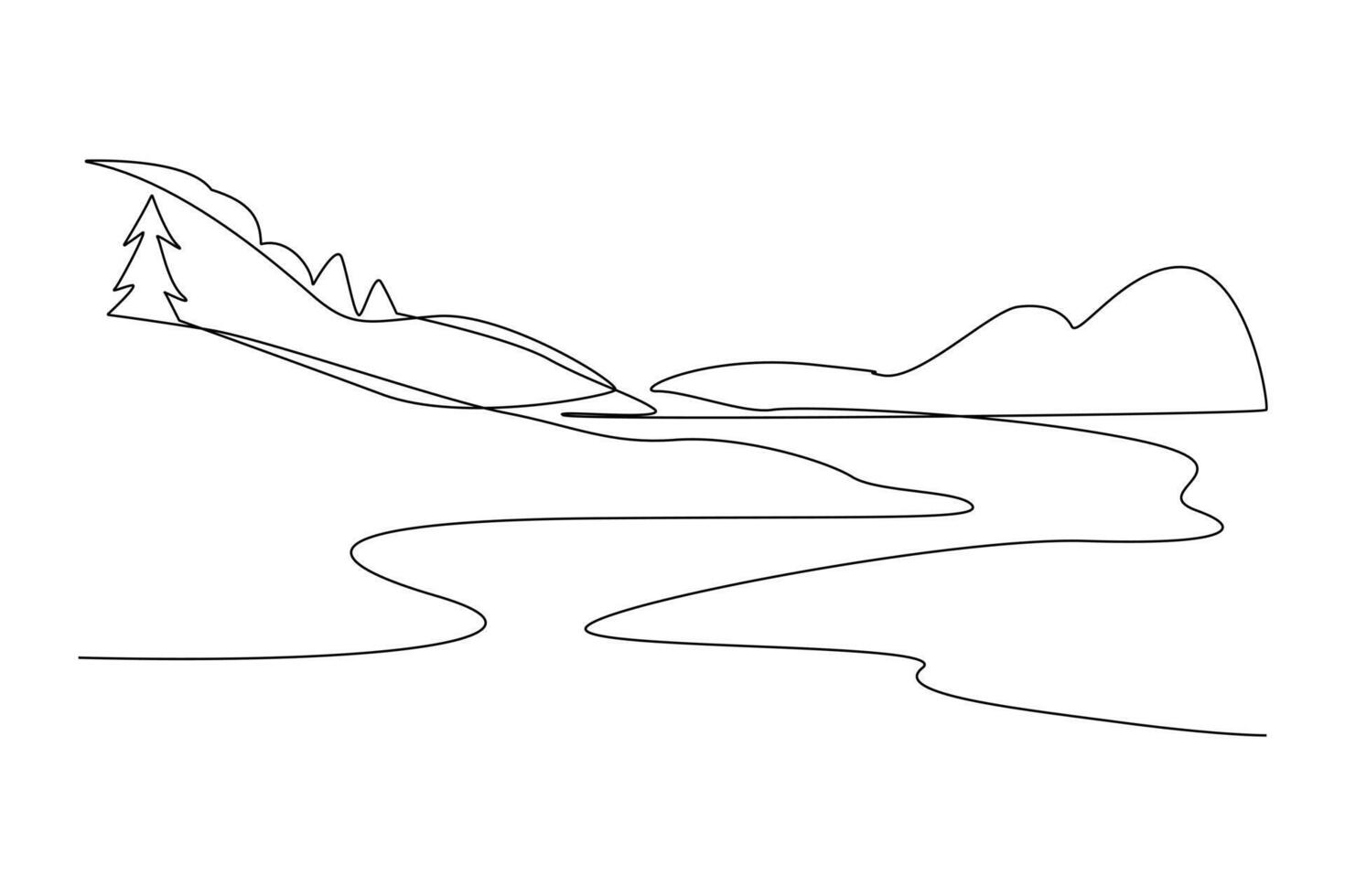 One continuous line drawing of Landscape with green grass, trees, sky horizon and Mountains. Nature concept. Doodle vector illustration in simple linear style.