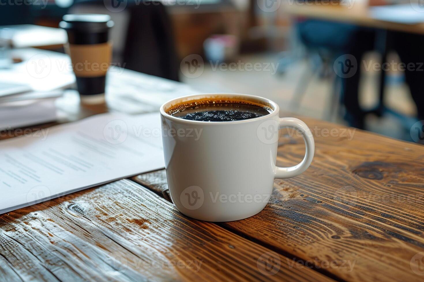 ai generado taza de café en el mesa en el oficina en el antecedentes con oficina trabajadores foto