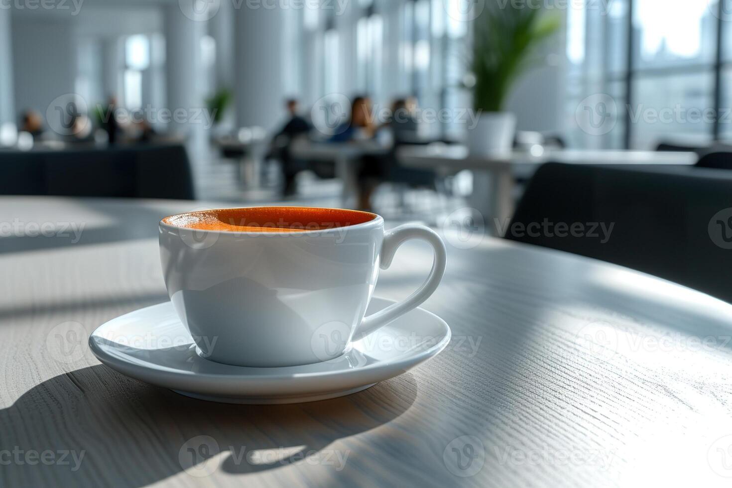 AI generated Cup of coffee on the table in the office in the background with office workers. photo