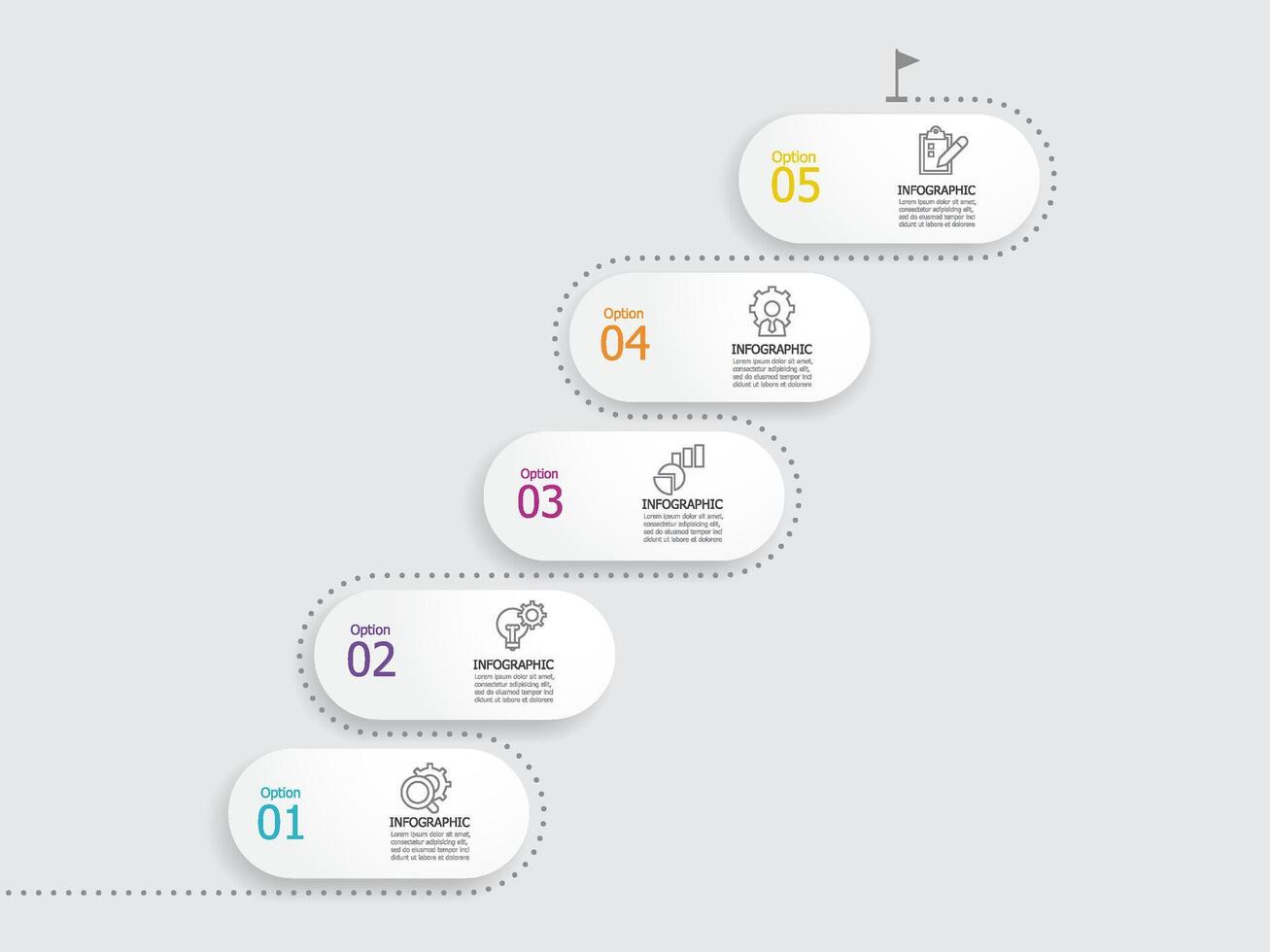 abstract round square steps timeline infographic element report background with business line icon 5 steps vector