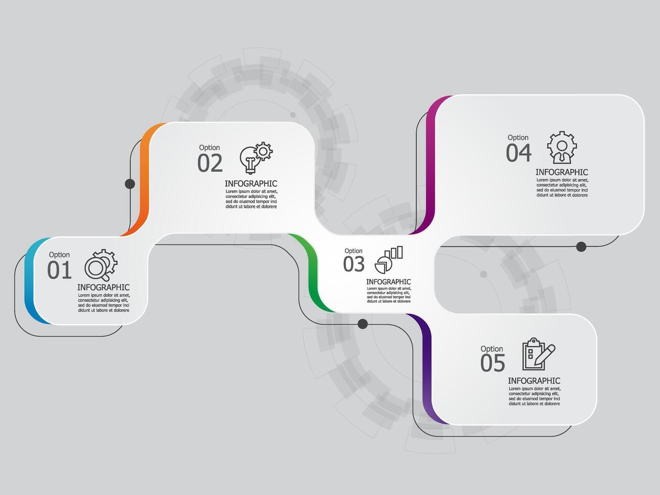 abstract round square steps timeline infographic element report background with business line icon 5 steps vector