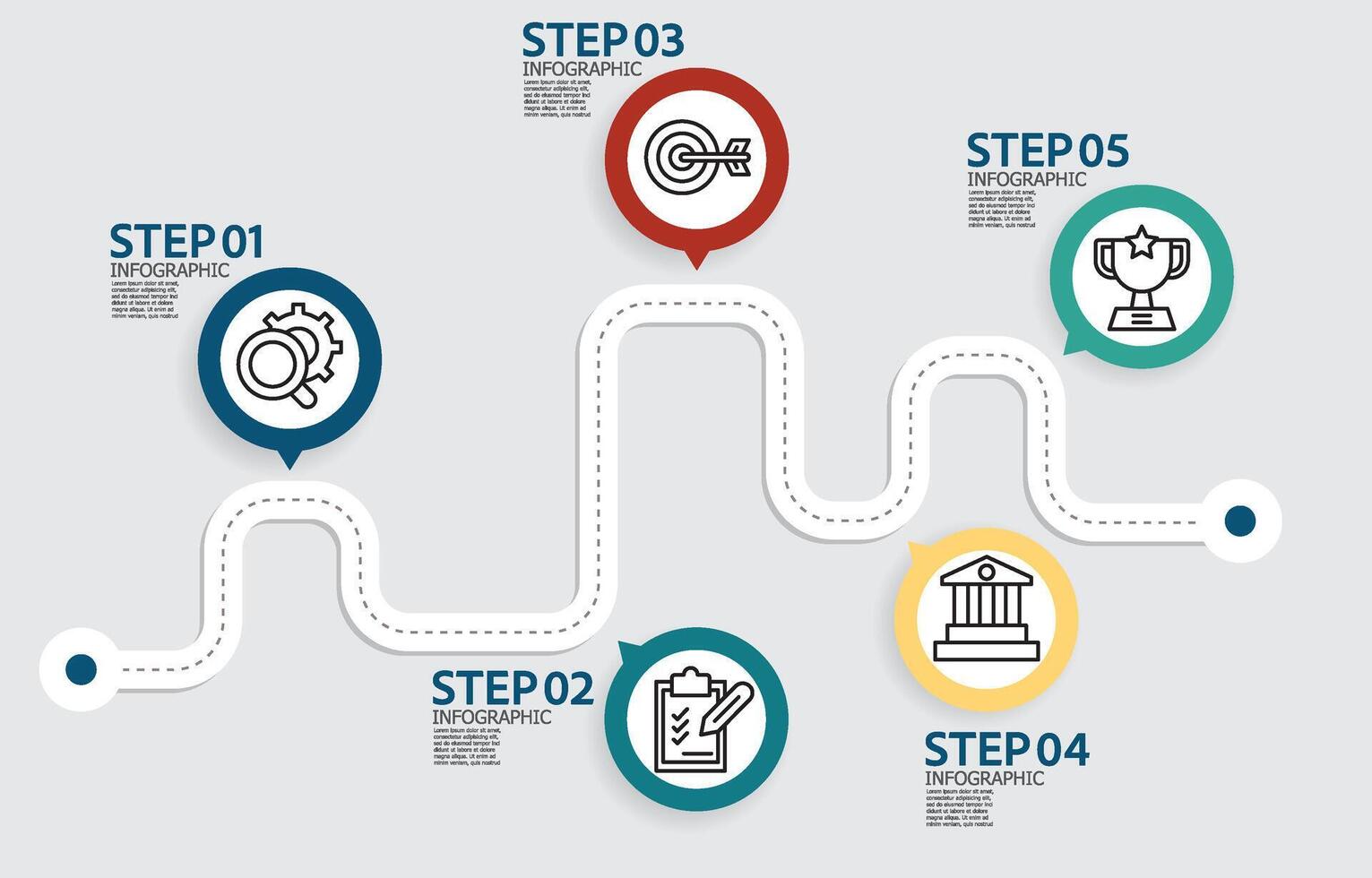 business data visualization horizonta steps timeline infographic element report layout template background with business line icon 5 steps vector