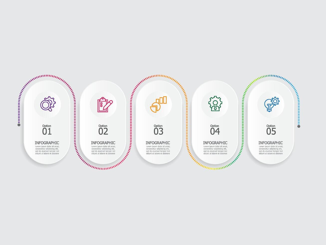 horizontal round ellipse steps timeline infographic element report background with business line icon 5 steps for any business-related presentation or publication vector