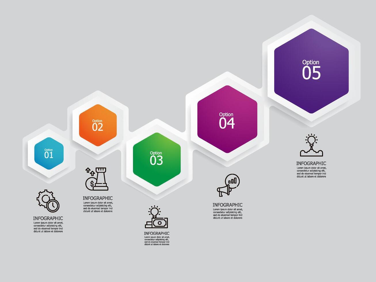 abstract hexagon steps timeline infographic element report background with business line icon 5 steps vector