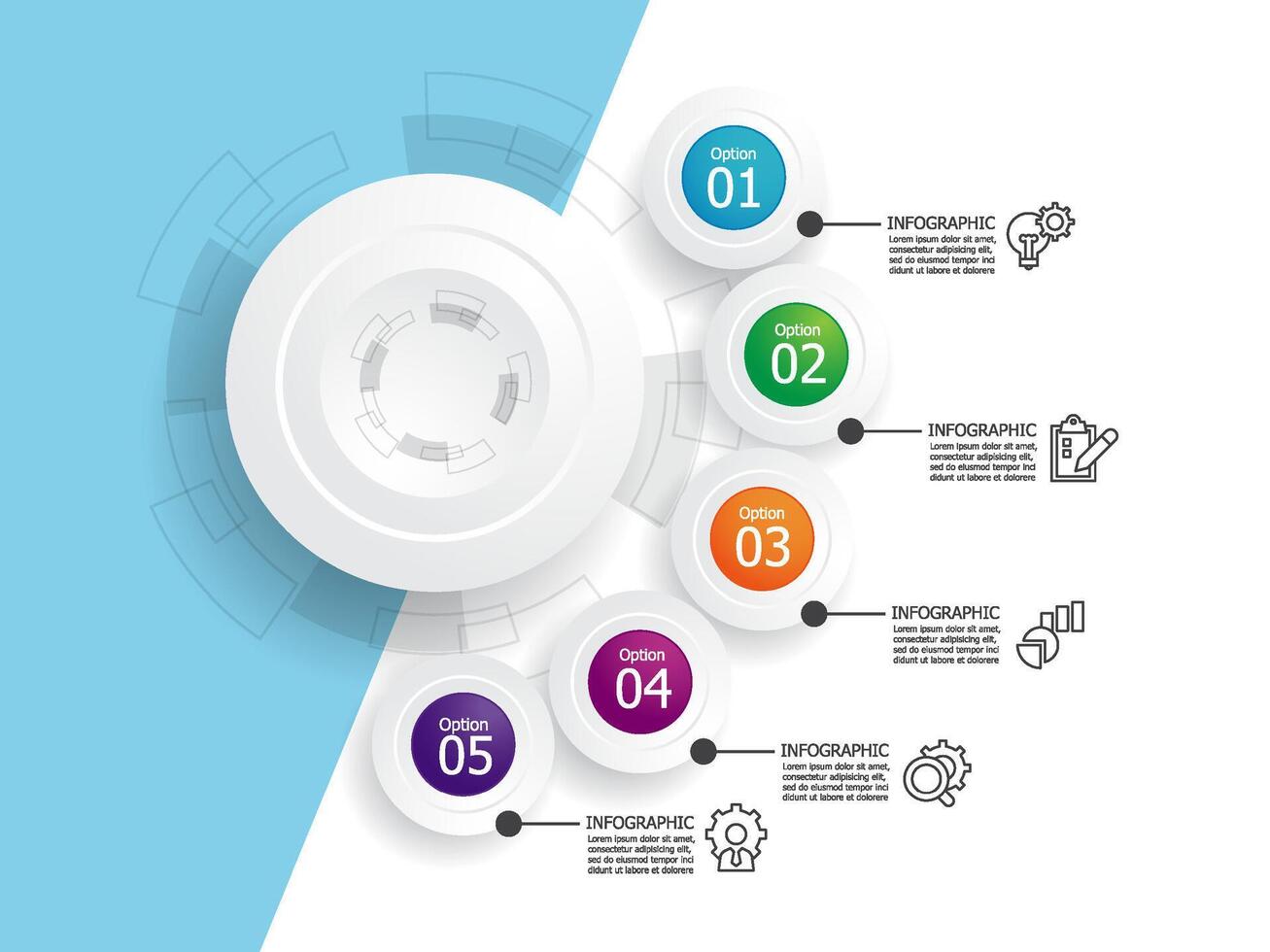 horizontal round circle steps timeline infographic element report background with business line icon 5 steps vector