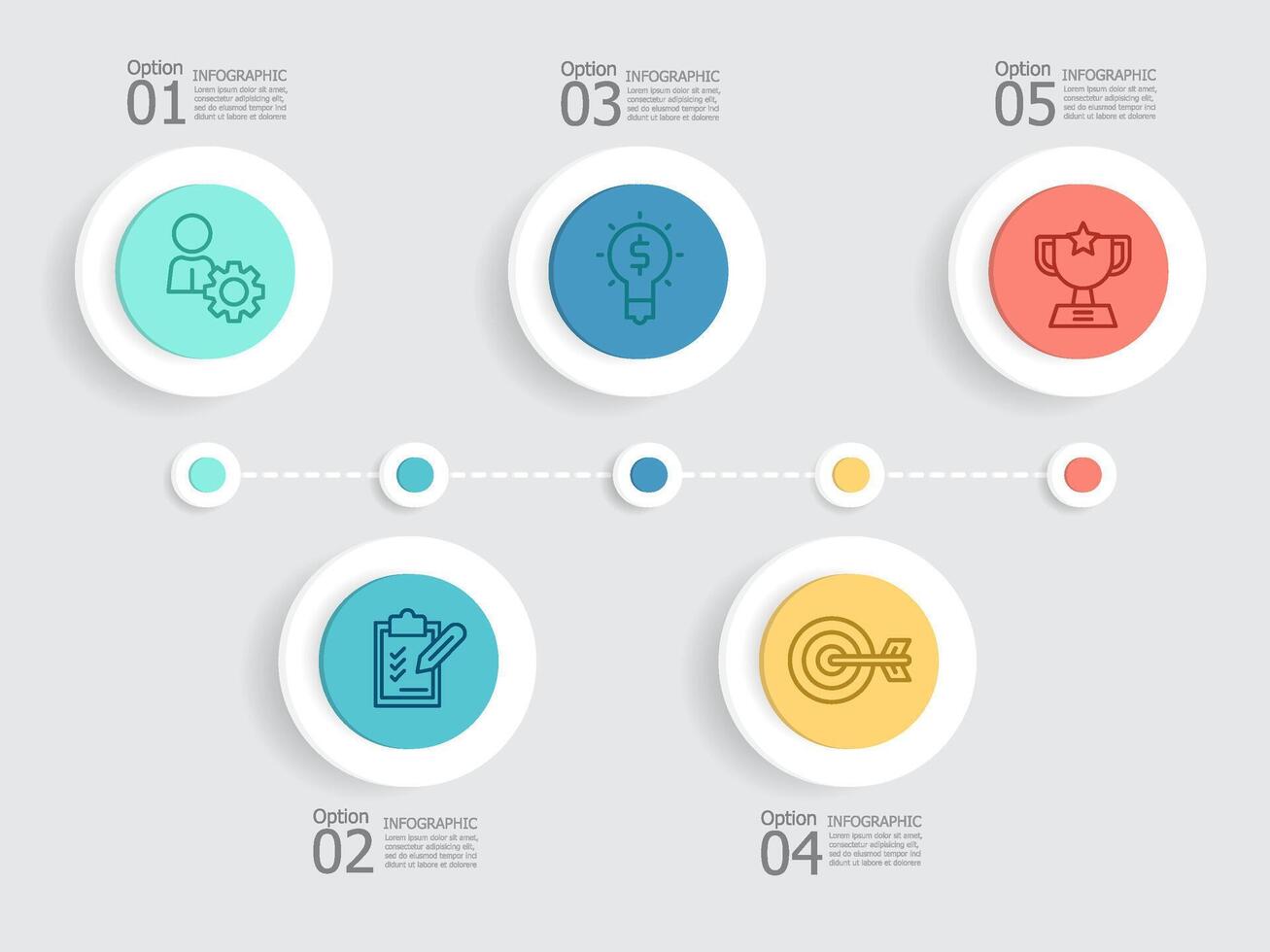 horizontal circle steps timeline infographic element report background with business line icon 5 steps vector