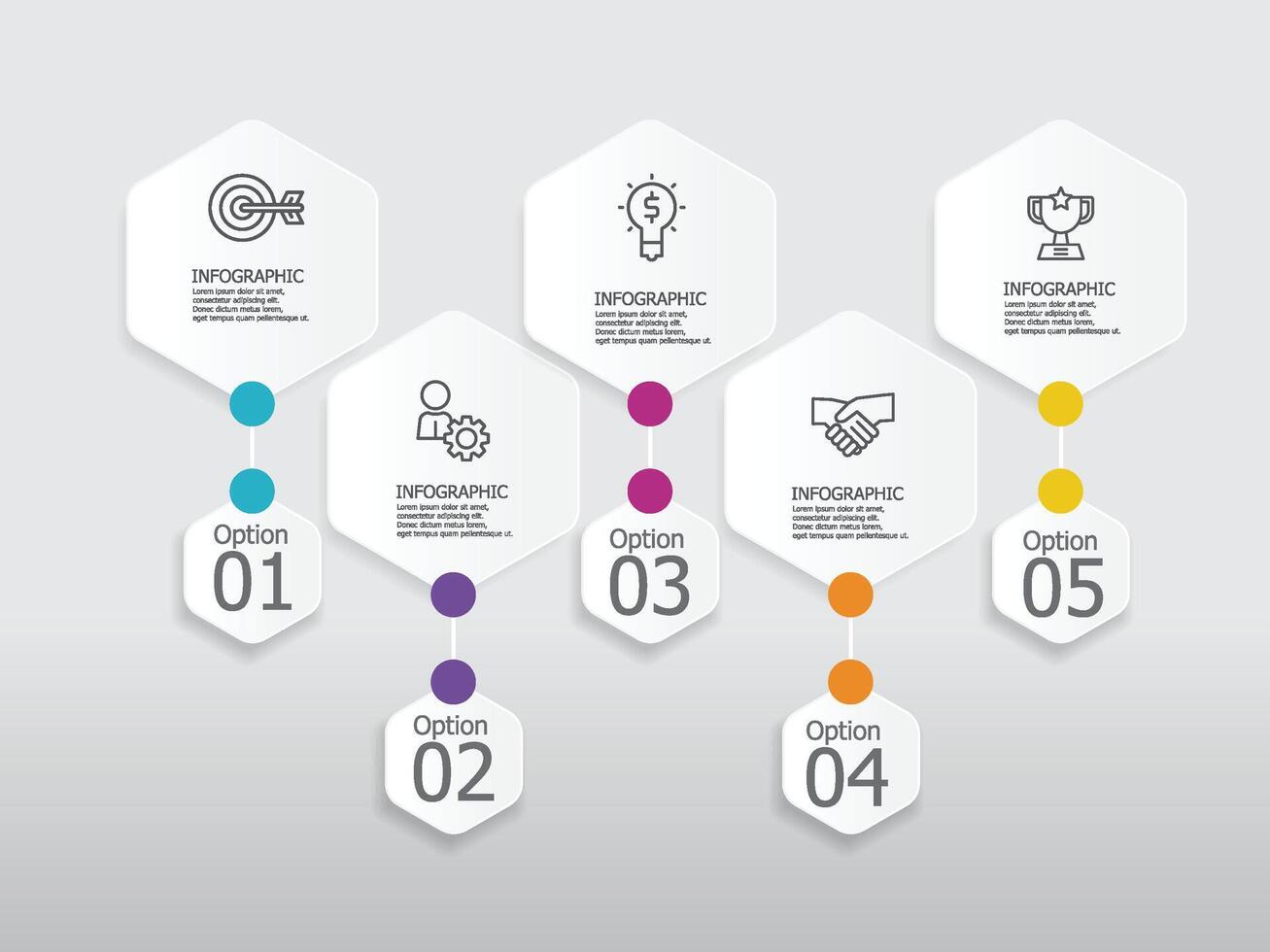 hexágono horizontal pasos cronograma infografía elemento reporte antecedentes con negocio línea icono 5 5 pasos vector