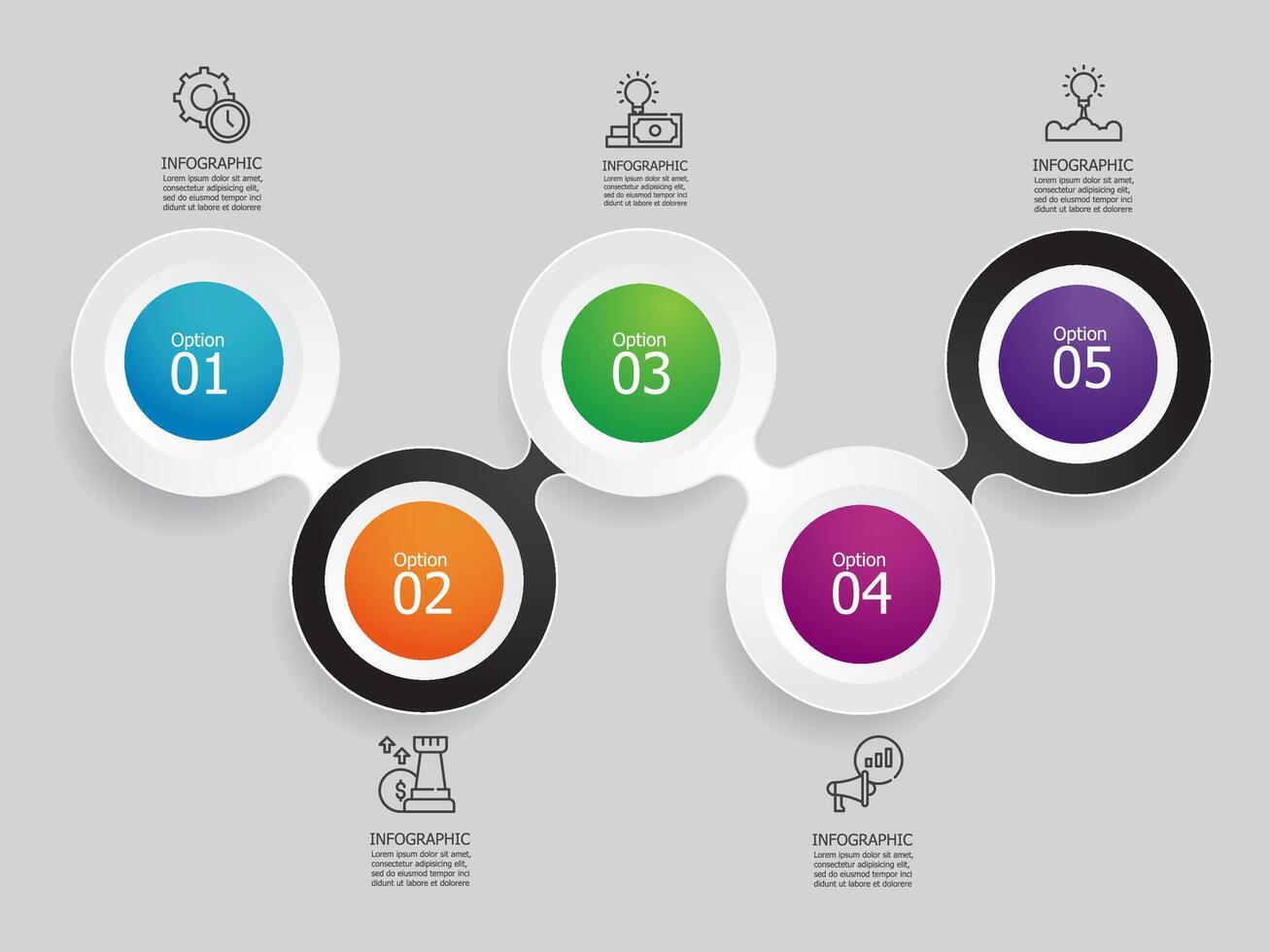 abstract round square steps timeline infographic element report background with business line icon 5 steps vector