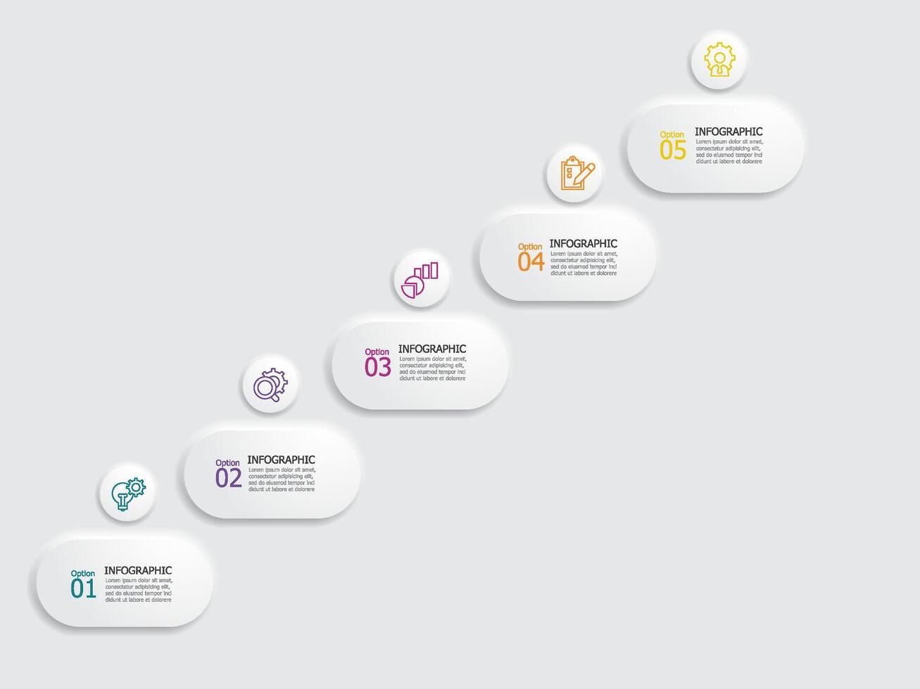 abstract round square steps timeline infographic element report background with business line icon 5 steps vector