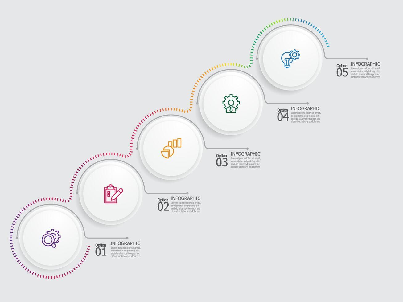 horizontal round circle steps timeline infographic element report background with business line icon 5 steps for any business-related presentation or publication vector