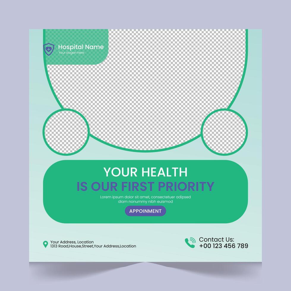 médico cuidado de la salud social medios de comunicación enviar modelo diseño, médico social medios de comunicación enviar diseño plantilla, promocional médico cuadrado web bandera para hospital, médico enviar diseño modelo para clínica vector