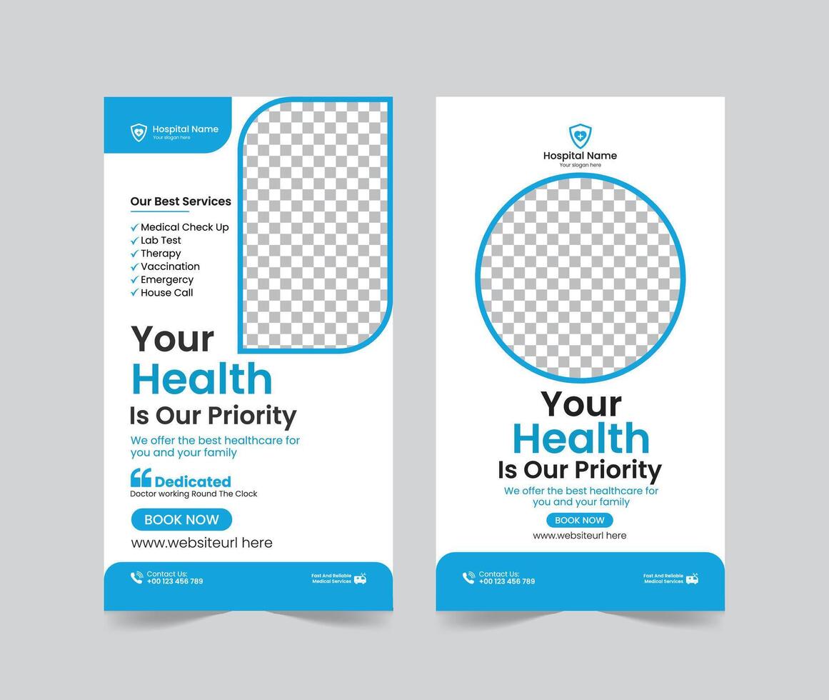 Medical healthcare social media stories post template design, medical social media stories template, promotional medical story web banner for hospital, medical stories post template for clinic vector