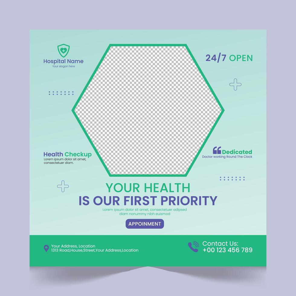 Medical healthcare social media post template design, medical social media post design template, promotional medical square web banner for hospital, medical post design template for clinic vector