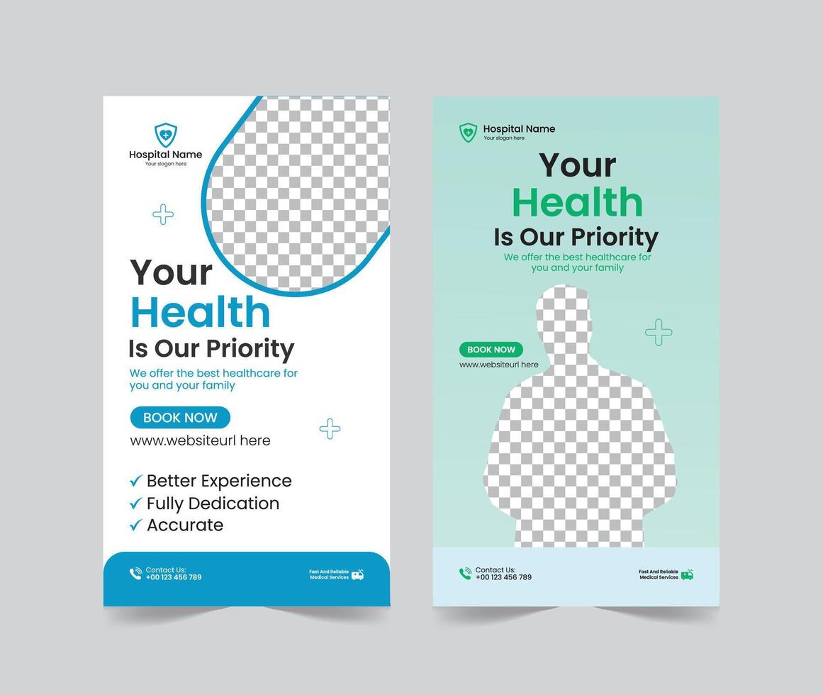 Medical healthcare social media stories post template design, medical social media stories template, promotional medical story web banner for hospital, medical stories post template for clinic vector