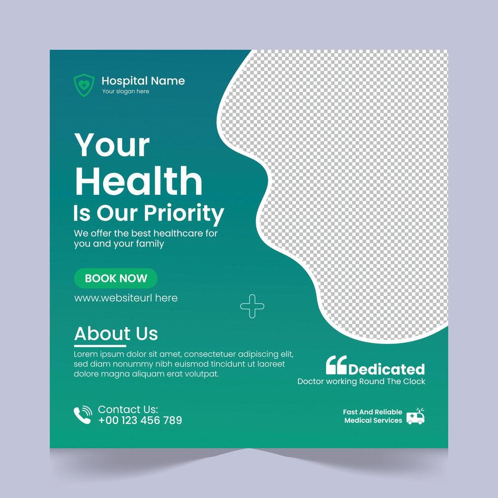 Medical healthcare social media post template design, medical social media post design template, promotional medical square web banner for hospital, medical post design template for clinic vector