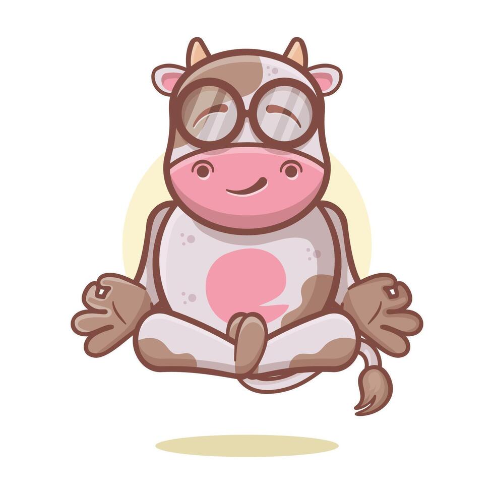 funny cow animal character mascot with yoga meditation pose isolated cartoon vector