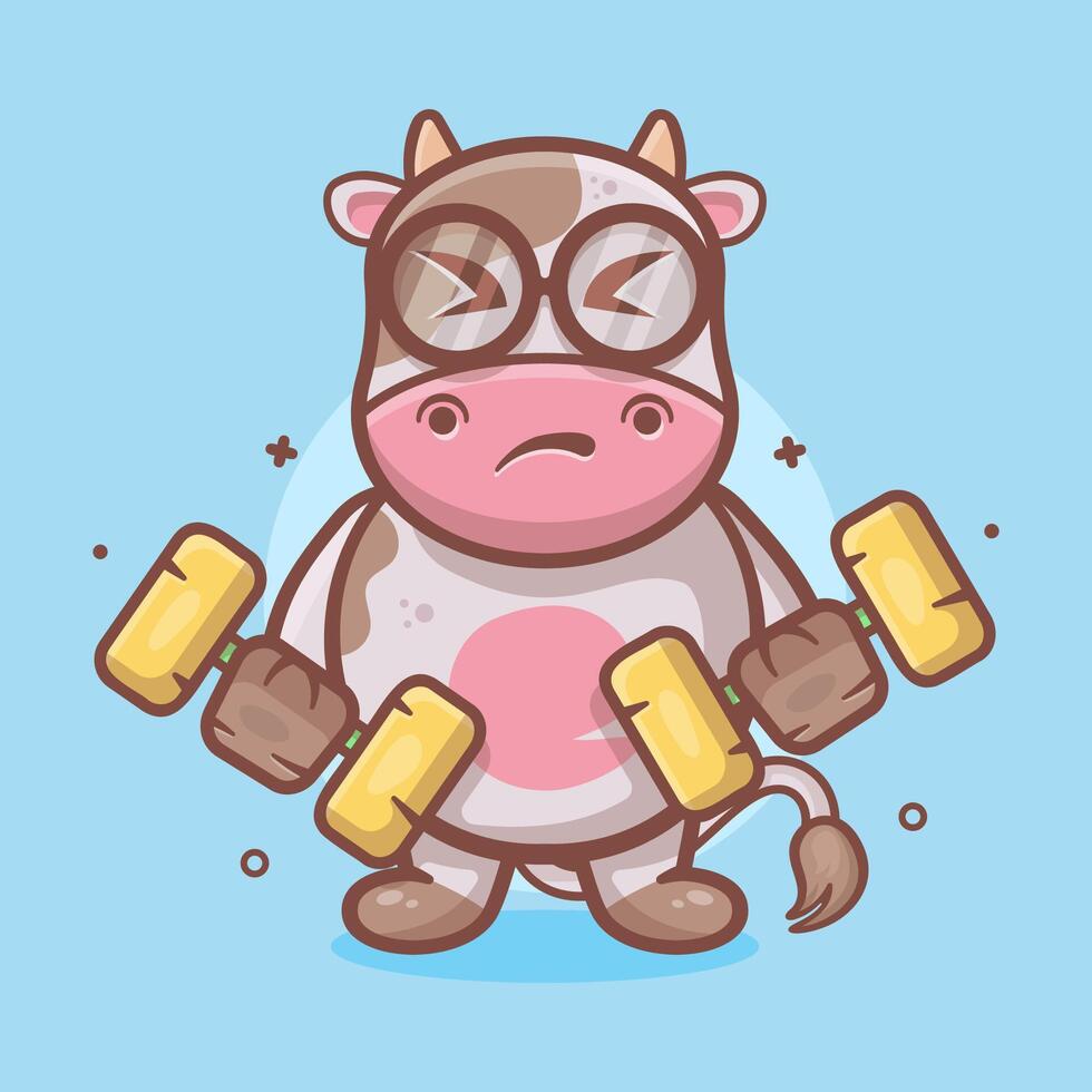 cute cow animal character mascot doing bodybuilding using dumbbell isolated cartoon vector