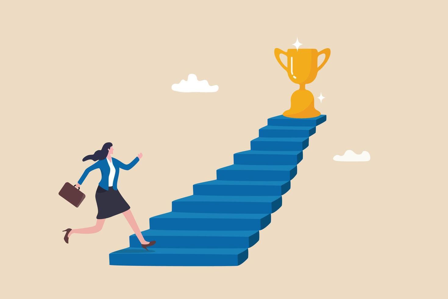 Woman success, step to achieve career success, motivation to grow career path, growth, climb up stair to reach goal, ambition concept, business woman run fast climb up stair to reach winning trophy. vector