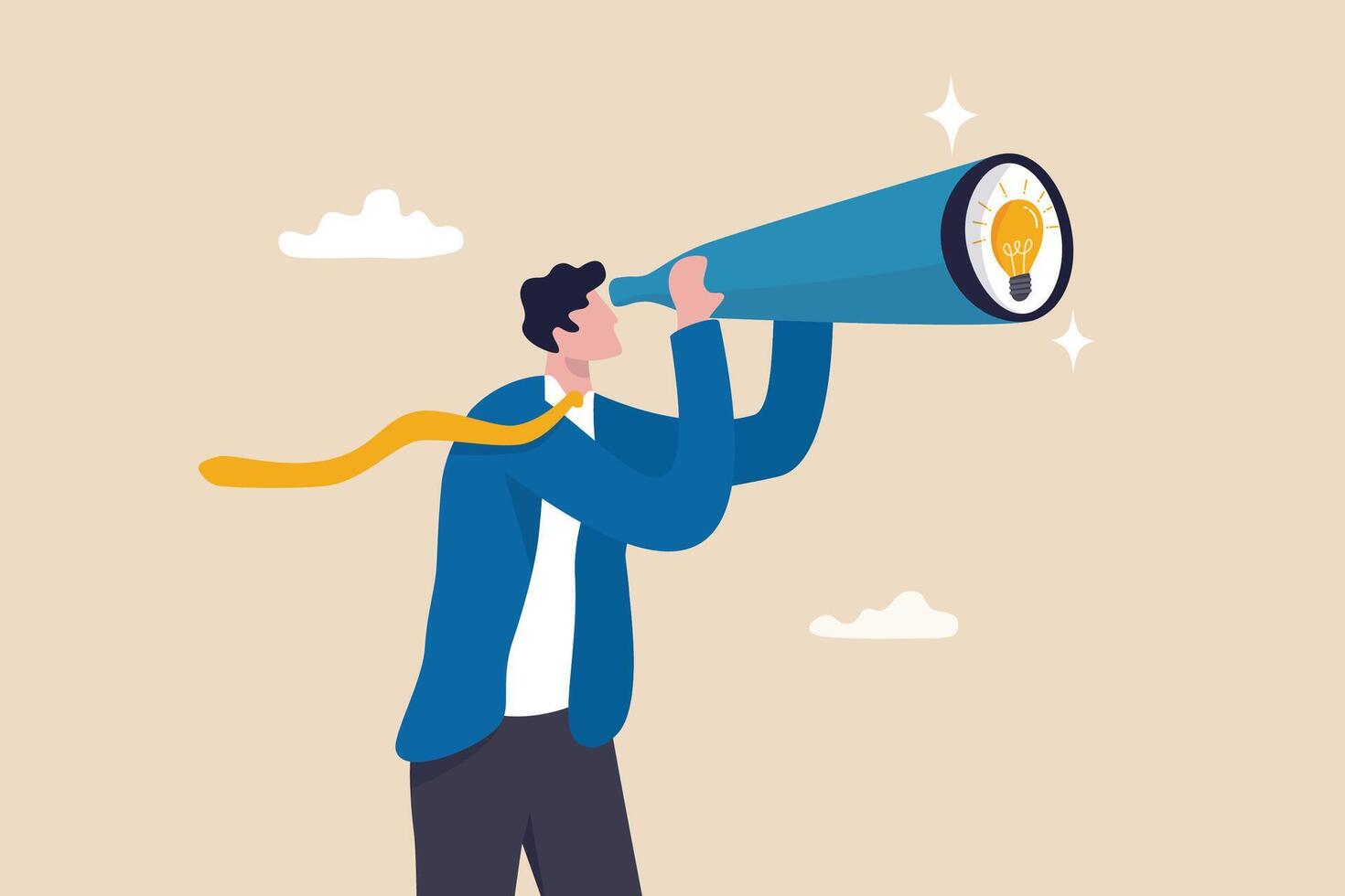 Product discovery, discover new idea or business insight, searching for innovation, creativity or smart solution, finding success concept, businessman look through telescope to find lightbulb idea. vector