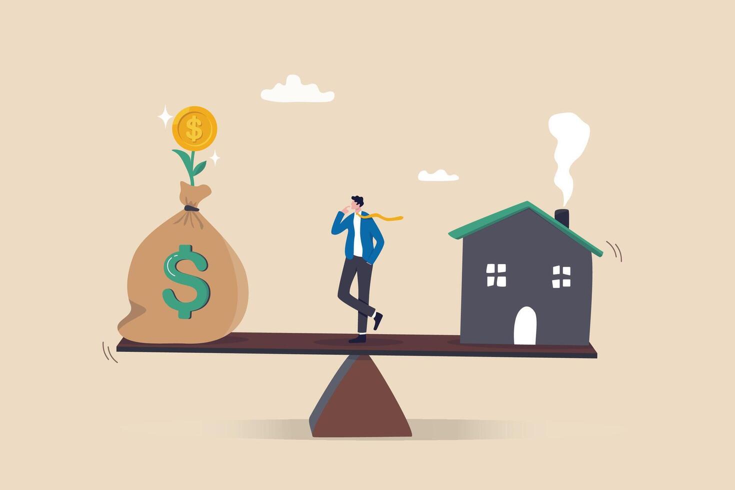 Decision between pay off mortgage or invest in stock market, most benefit or profit, financial decision, option to choose concept, businessman think between pay off mortgage and invest for profit. vector