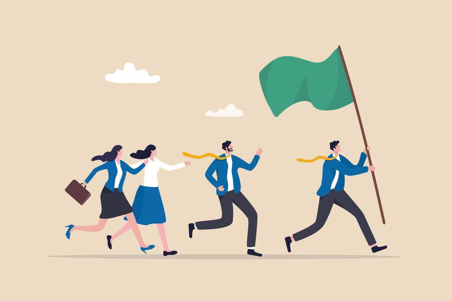 Leader determination to lead team to success, motivation to win together, direction forward for future success, victory or triumph concept, businessman leader holding winner flag leading to success. vector