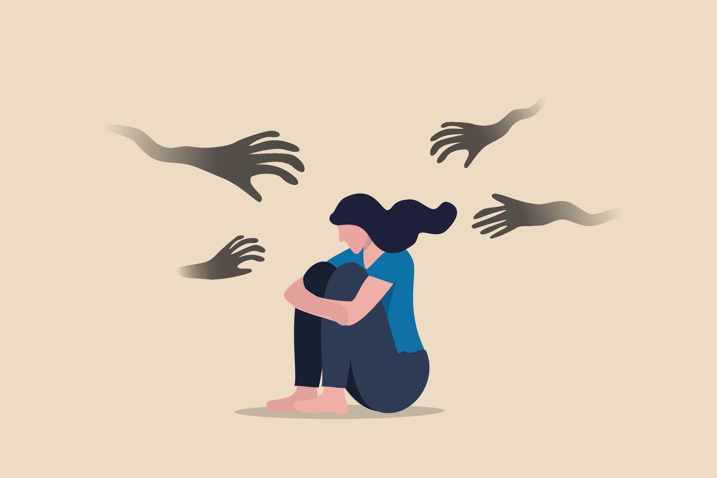 Woman abuse victim, violence or sexual harassment fear, depression or anxiety problem, social bullying or marriage suffering concept, solitude depressed woman victim sitting with abusive hands. vector